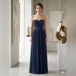 David's Bridal Strapless Navy Ruched Sweetheart Gown